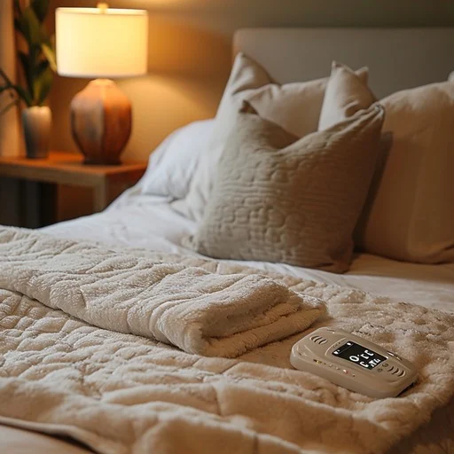 Cozy bedroom with neatly arranged bedding and soft light